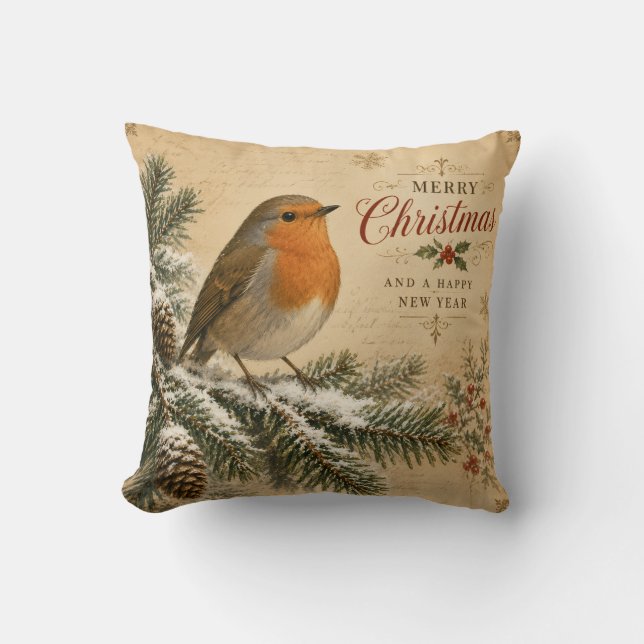 vintage robin christmas pillow (Front)