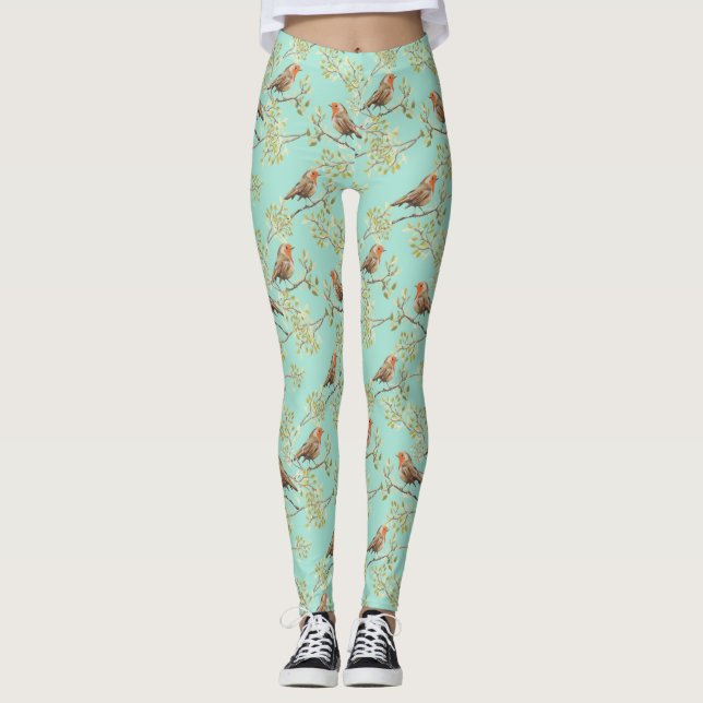 Vintage Robin Readbreast Art Pattern Leggings (Front)