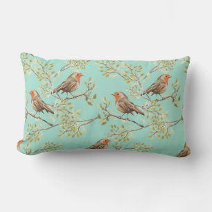 Vintage Robin Readbreast Art Pattern Lumbar Pillow