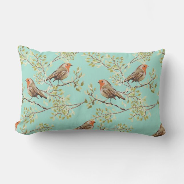 Vintage Robin Readbreast Art Pattern Lumbar Pillow (Front)