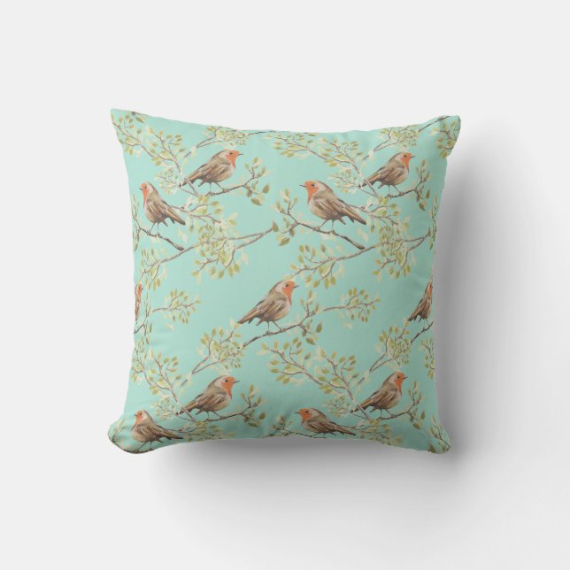 Vintage Robin Redbreast Art Pattern Outdoor Pillow (Front)