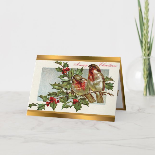 Vintage Robins And Mistletoe Holiday Card (Front)