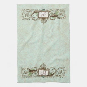 Vintage Robins Egg Blue Birds Scroll Monogram Kitchen Towel