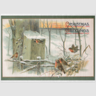 Vintage Robins in Snow with Christmas Greetings Tissue Paper