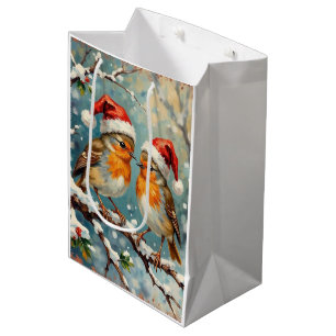 Vintage Robins with Santa Hats on Snowy Branch Medium Gift Bag