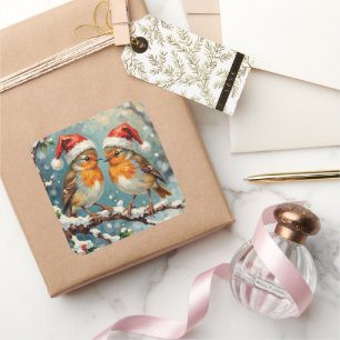 Vintage Robins with Santa Hats on Snowy Branch Square Sticker