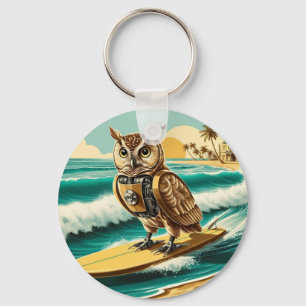 Vintage robot owl surfing on the beach keychain