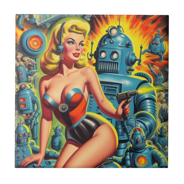 Vintage Robot Sci-Fi Pin-up Tile (Front)