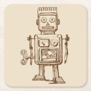 Vintage Robot Sketch / Drawing Square Paper Coaster