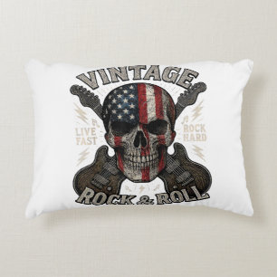 Vintage Rock Skull American Flag Guitar Retro Rock Accent Pillow