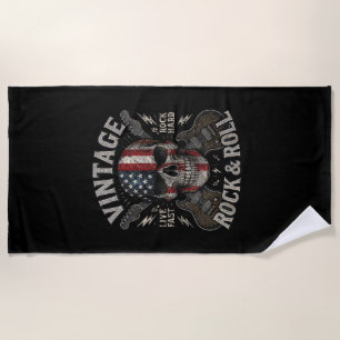 Vintage Rock Skull American Flag Guitar Retro Rock Beach Towel