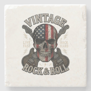 Vintage Rock Skull American Flag Guitar Retro Rock Stone Coaster