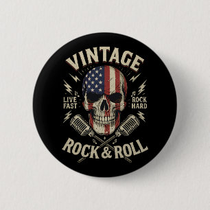 Vintage Rock Skull American Flag Ribbon Microphone 2 Inch Round Button