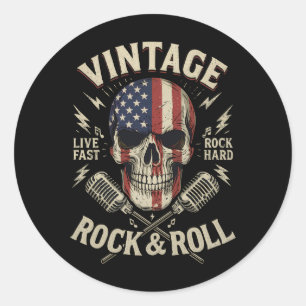 Vintage Rock Skull American Flag Ribbon Microphone Classic Round Sticker