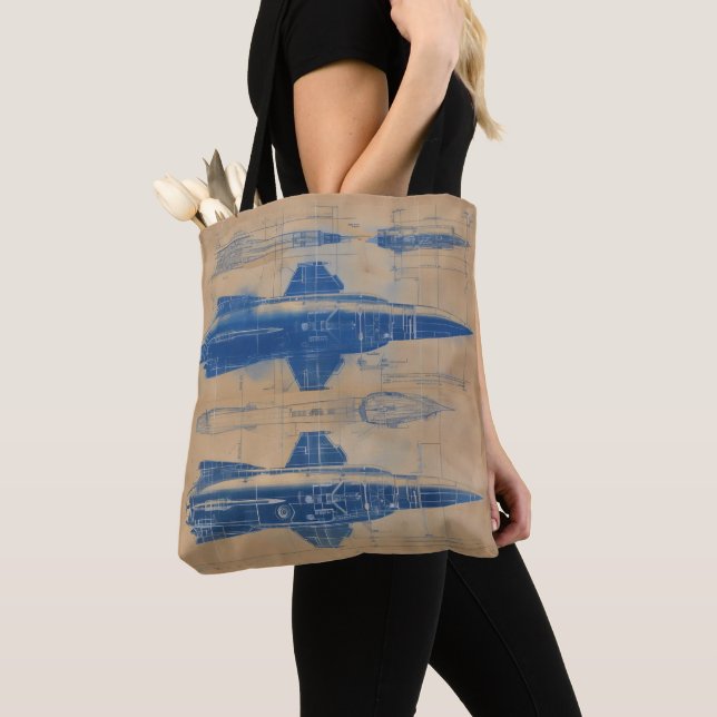 Vintage Rocket Blueprint Tote Bag (Close Up)