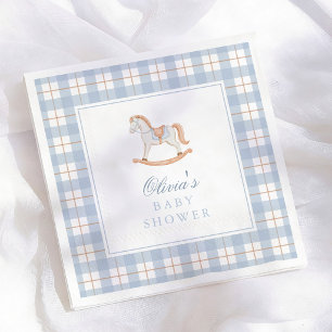 Vintage Rocking Horse Blue Gingham Baby Shower Napkin