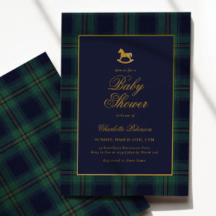 Vintage Rocking Horse Plaid Baby Shower Invitation