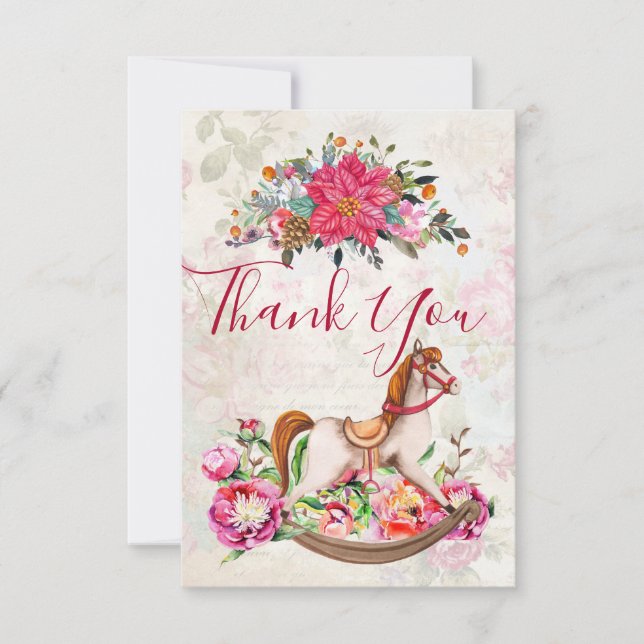 Vintage Rocking Horse & Poinsettia Xmas Thank You (Front)