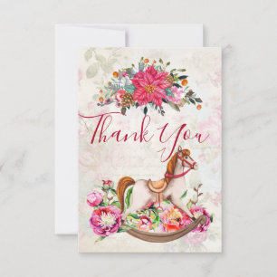 Vintage Rocking Horse & Poinsettia Xmas Thank You Card
