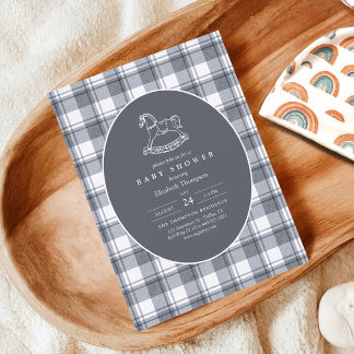 Vintage Rocking Horse Preppy Gingham Baby Shower Invitation