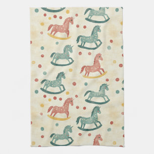 Vintage Rocking Horse Rust Plaid Nursery Pattern Kitchen Towel