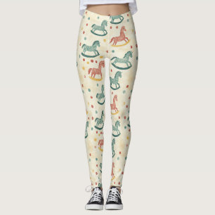 Vintage Rocking Horse Rust Plaid Nursery Pattern Leggings