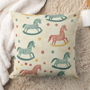 Vintage Rocking Horse Rust Plaid Nursery Pattern Throw Pillow
