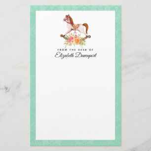 Vintage Rocking Horse with Floral Bouquet Stationery