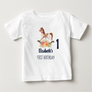 Vintage Rocking Horse with Florals First Birthday Baby T-Shirt