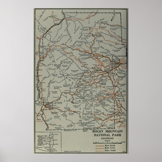 Vintage Rocky Mountains National Park Map (1919) Poster (Front)