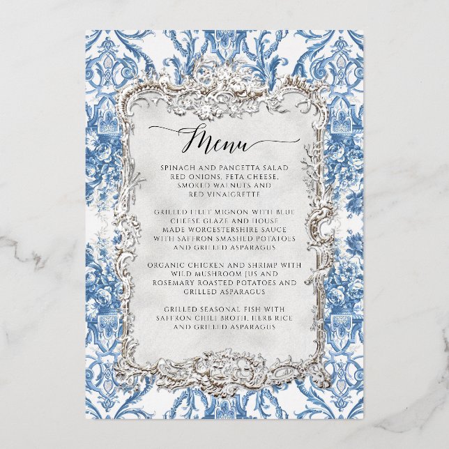 Vintage Rococo Floral Blue White Dinner Menu (Front)