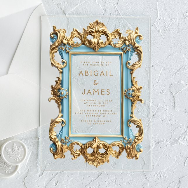 Vintage Rococo Frame Baby Blue Gold Wedding Acrylic Invitations (Creator Uploaded)