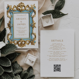 Vintage Rococo Frame Blue Gold QR Code Wedding Invitation