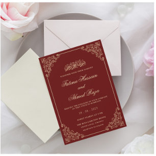 Vintage Rococo Frame Gold Burgundy Muslim Wedding Invitation