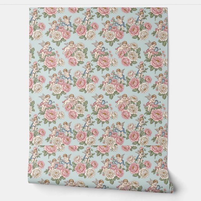 Vintage Rococo Revival Rose Garden Romantic  Wallpaper (Unrolling)