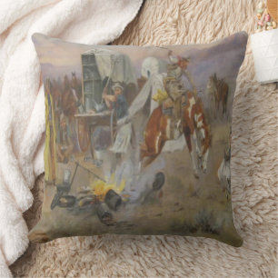 Vintage Rodeo Cowboy Bronc Rider at Cow Camp Throw Pillow