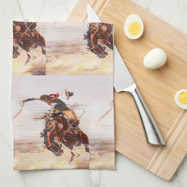Vintage Rodeo Cowboy Bronc Rider  Kitchen Towel (Quarter Fold)