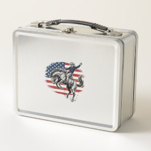 Vintage Rodeo Cowboy Patriotic Horse Rider Vector_ Metal Lunch Box