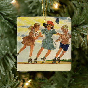 Vintage Roller Skating Fun Children Boys and Girls Ceramic Ornament