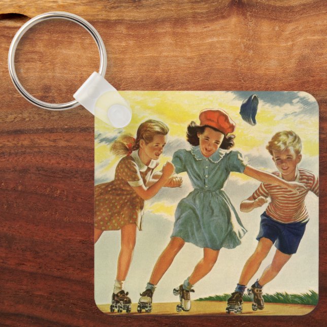 Vintage Roller Skating Fun Children Boys and Girls Keychain (Front)