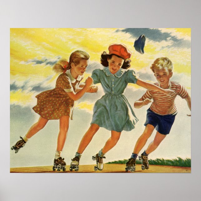 Vintage Roller Skating Fun Children Boys and Girls Poster (Front)