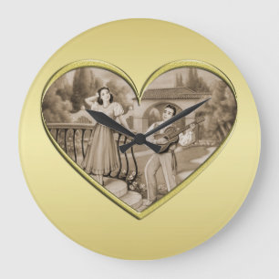 Vintage Romance couple, man and woman, gold Large Clock