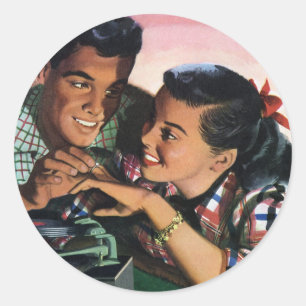 Vintage Romance, High School Sweethearts in Love Classic Round Sticker