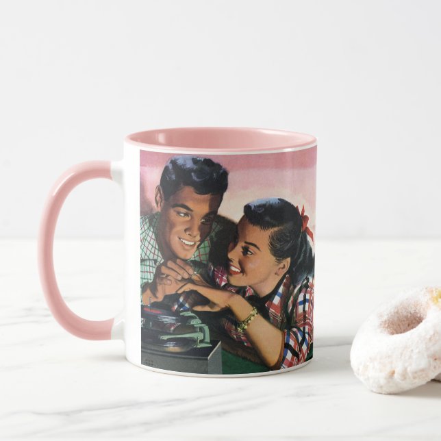 Vintage Romance, High School Sweethearts in Love Mug (With Donut)