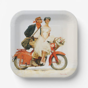 Vintage Romance on a Red Scooter Paper Plate