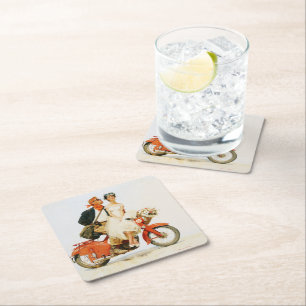 Vintage Romance on a Red Scooter Square Paper Coaster