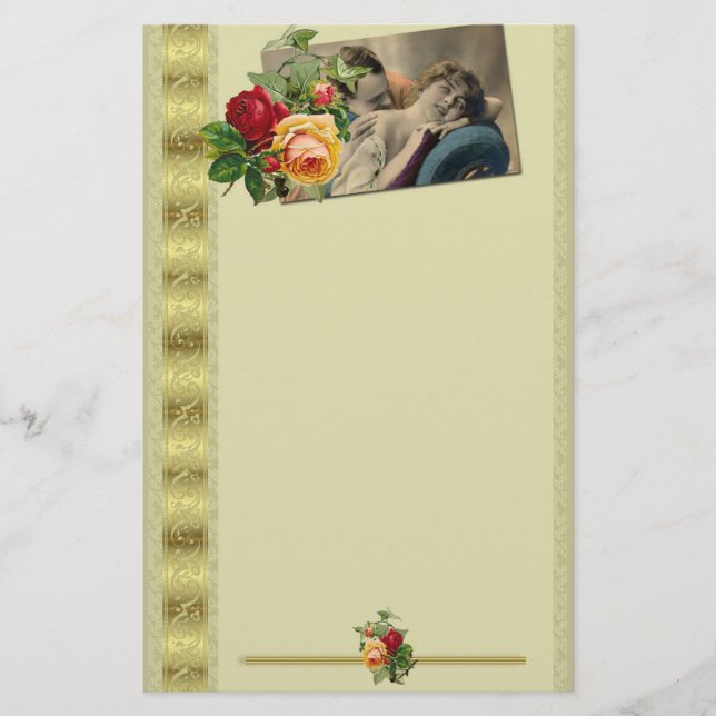 Vintage Romance Postcard & Roses Gold Edge Stationery (Front)