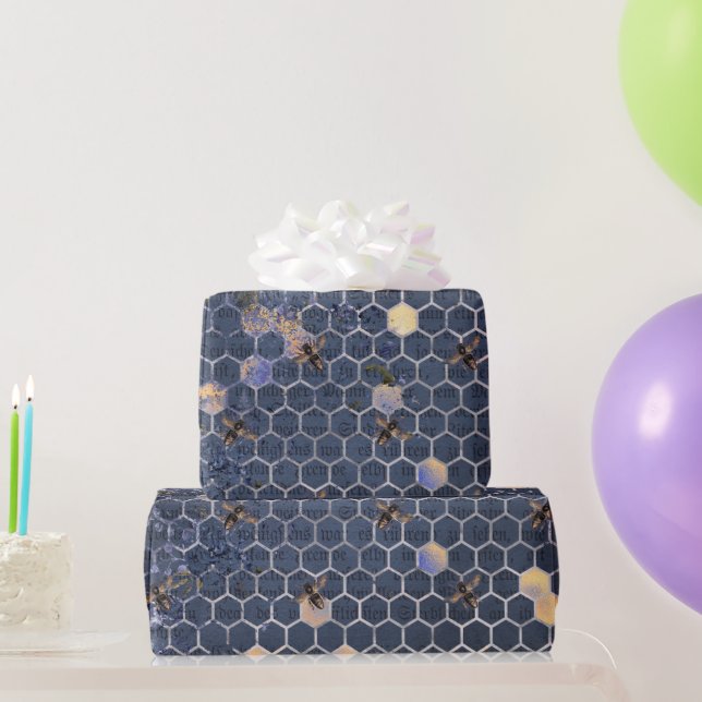 Vintage Romantic Blue Bees Flowers Wrapping Paper (Party Gifts)
