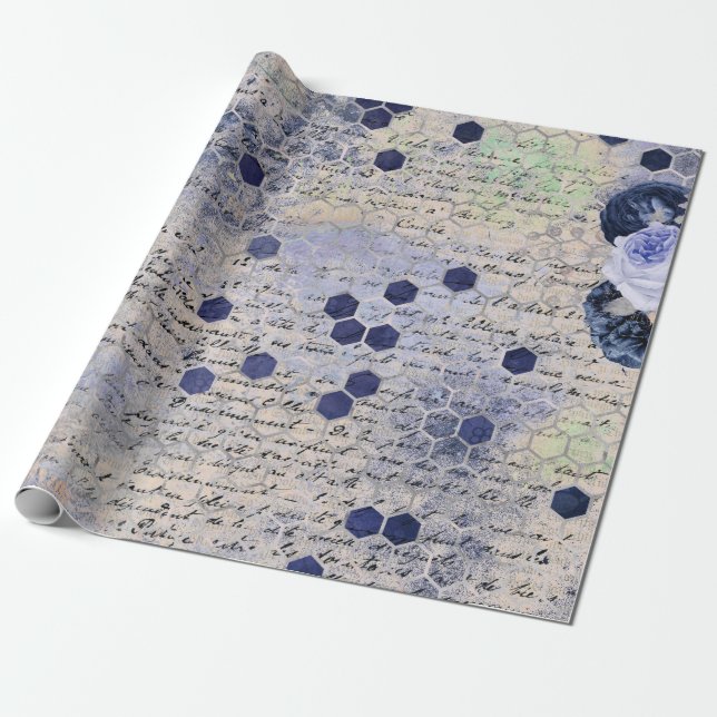 Vintage Romantic Blue Bees Flowers Wrapping Paper (Unrolled)