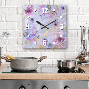 Vintage romantic blue purple floral watercolor square wall clock